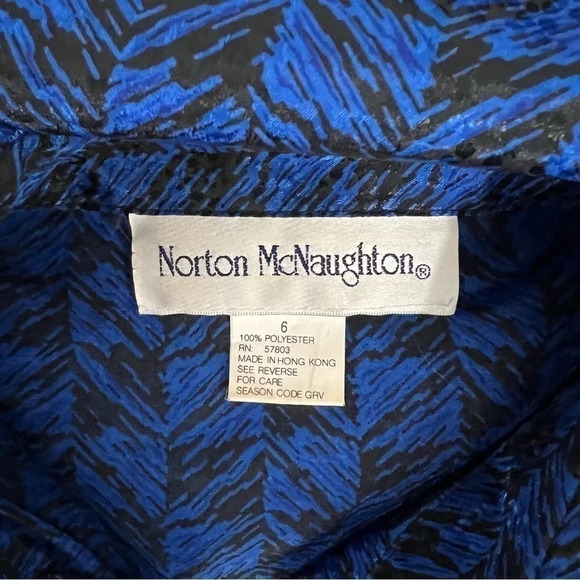 Norton McNaughton Womens Button Up Blouse 6 Royal Blue Black Shoulder Pads Retro - Picture 9 of 9